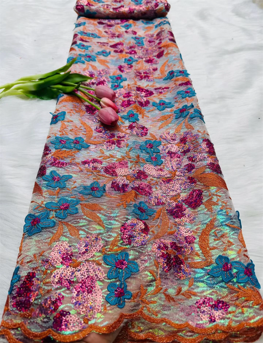 African Sequins Flocking Lace Fabric