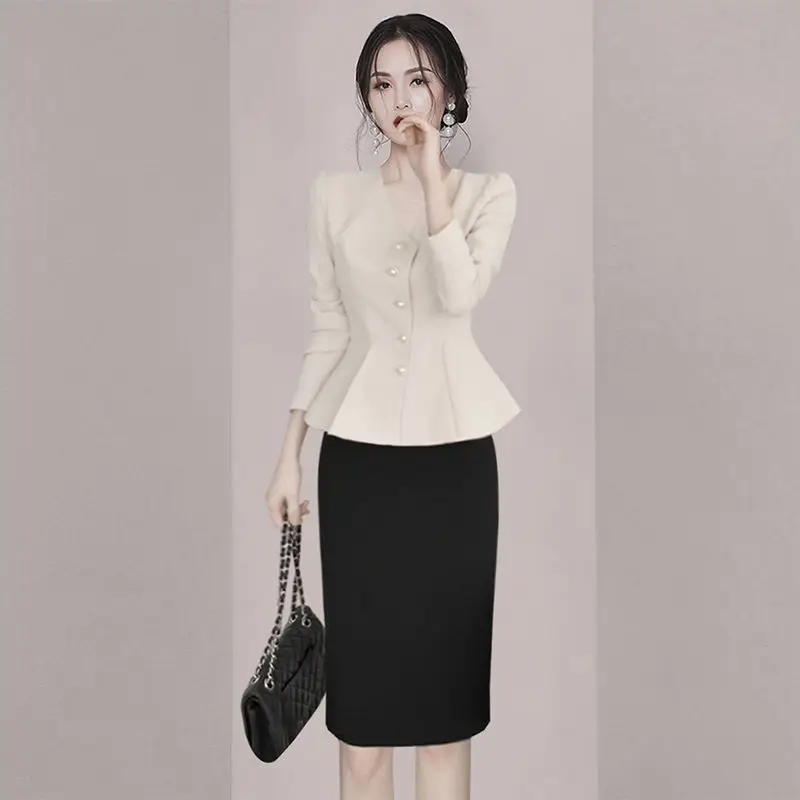 Set French Vintage Hong Kong Design Sense Dress Female 2023 Spring New Women Long Sleeve V-Neck Two Piece Set Of Dress Female