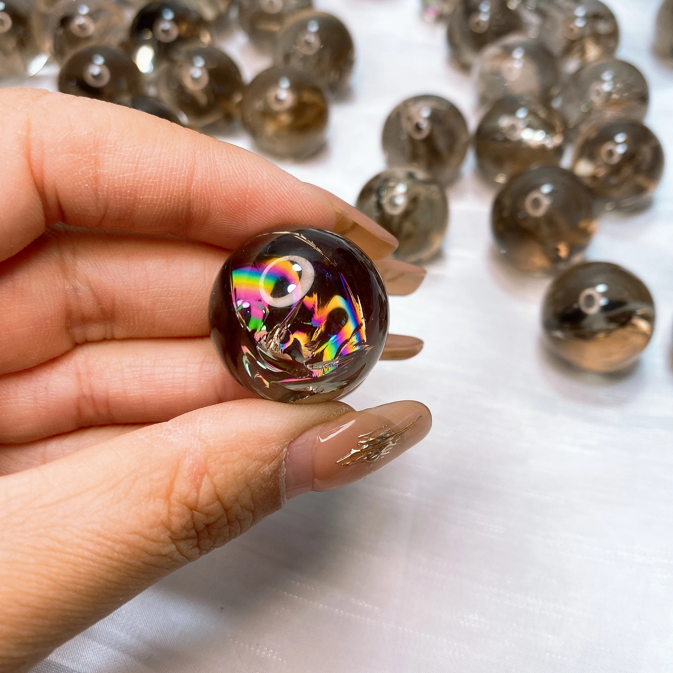 23MM Natural Rainbow Smoky Quartz Sphere Mini Ball Crystal Stone Energy Reiki Healing Office Home Decoration Gift