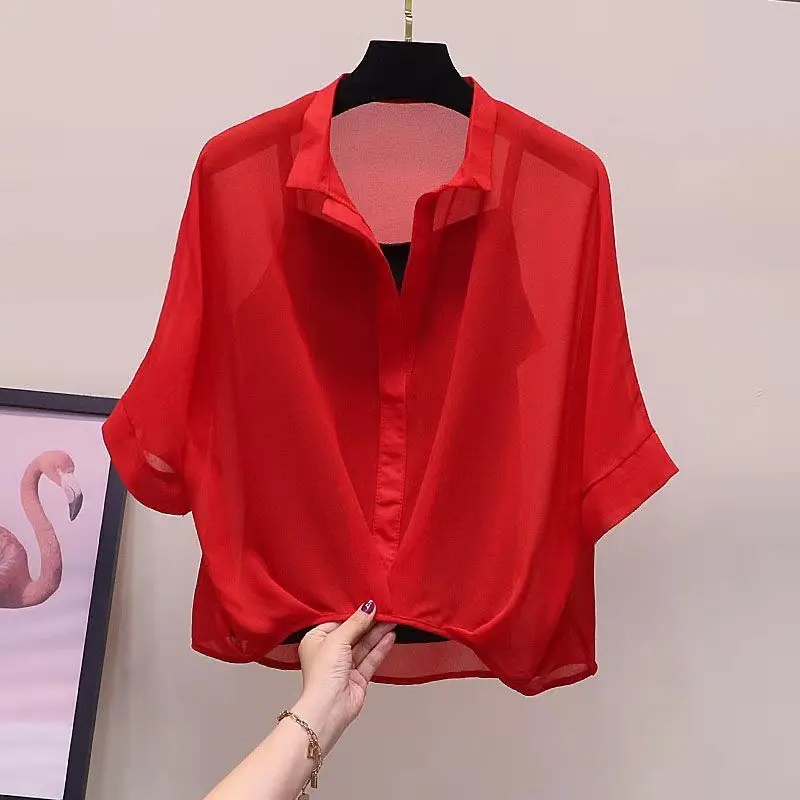 폴로 넥 스트라이프 얇은 반팔 빈티지 블라우스 여름 느슨한 모든 경기 스트리트 캐주얼 셔츠 탑 패션 오피스 여성 의류