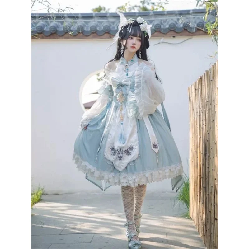 

DY20Original Chinese Style Bow Embroidery Lace Trimmed Puff Sleeves Lolita Dress Women Sweet Improved Cheongsam Hanfu Dresses25