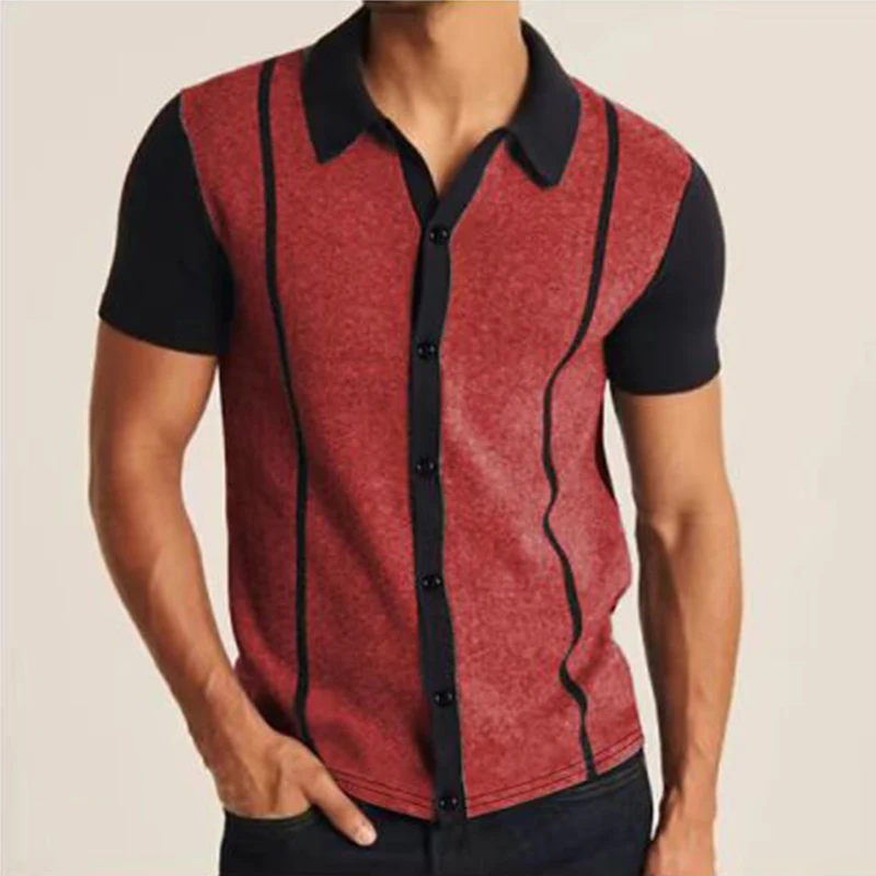 Camiseta de manga corta para hombre, camiseta de retales, camisa Formal con solapa de botón delgada, ropa de calle, Polo de punto a la moda, verano, 2023