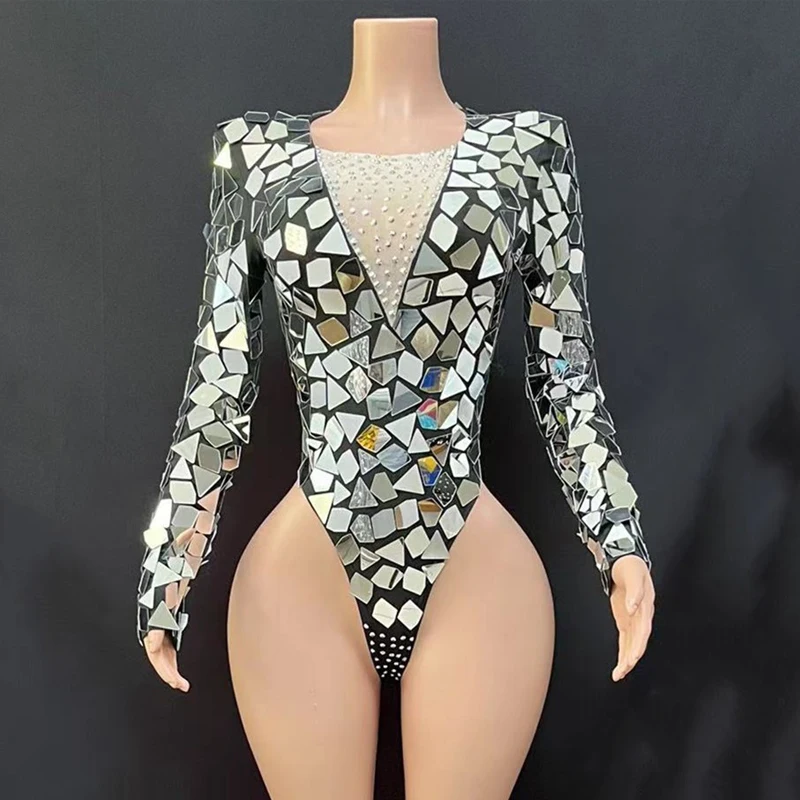 

Flashing Silver Rhinestones Mirrors Bodysuit Women Evening Celebrate Prom Dance Costume Nightclub Dj Ds Rave Outfit XS6831