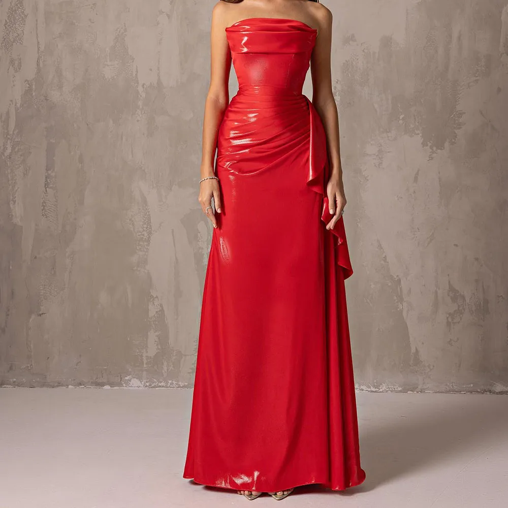 

Temperament Satin A-Line Strapless Evening Dress Zipper Back Sleeveless Floor Length Panel Train Saudi Arabia 2024 فساتين سهرة