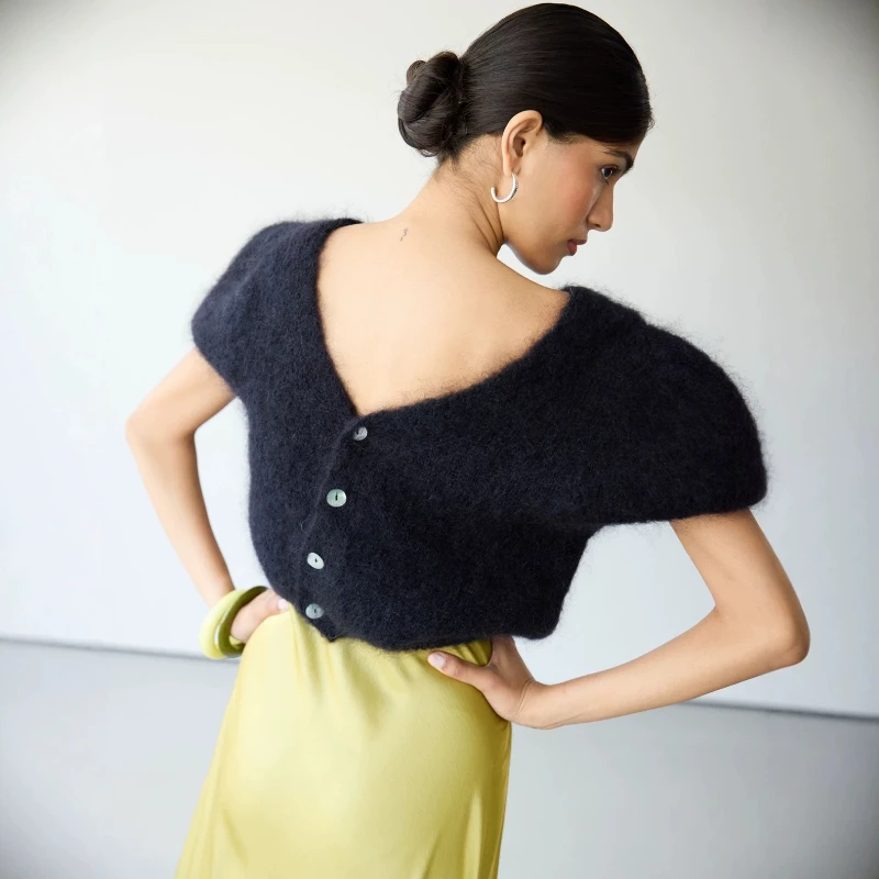 Trendix Women Mohair V Neck Cardigan Short Puff Sleeve Cropped Knit Top Button Fuzzy Soft Knitwear Bolero Shrug Casual Coat Top