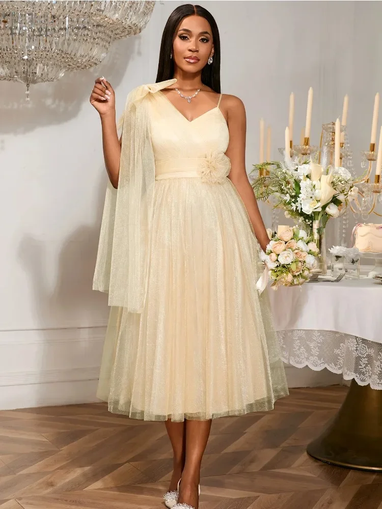 Elegant One-Shoulder Suspender Mesh Dress V Neck 3D Flower A Line High Waist Pleated Party Gown Bridesmaid Wedding Guest Dress