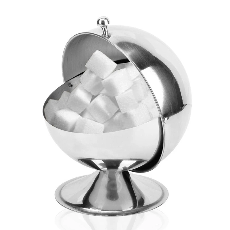 Stainless Steel Spherical Sugar Bowl Flip Top Seasoning Pot Reversible Storage Jar Cube Sugar Container Condiment Can for Kitch