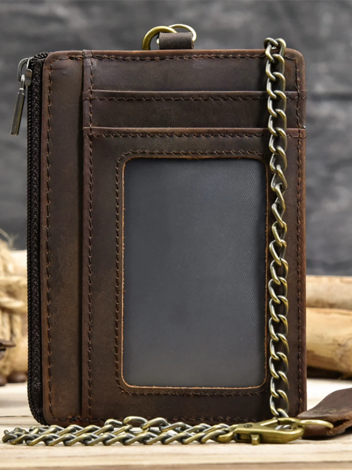 

Ultra-Thin Crazy Leather Wallet Retro Anti-Theft Metal Chain Card Holder Zipper Cowhide Coin Purse Genuine Leather Card...