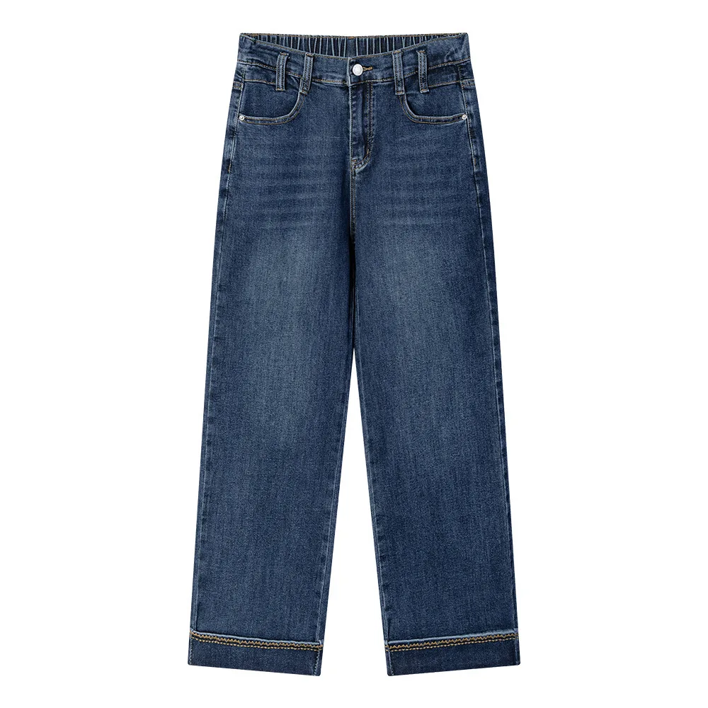 

Модные женские джинсы больших размеров, осень 2023, простые эластичные джинсовые брюки с высокой талией и вышивкой, прямые брюки до щиколотки 2531