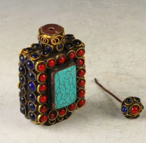 TIBET VINTAGE COPPER INLAY TURQUOISE CORAL BEADS SNUFF BOTTLE