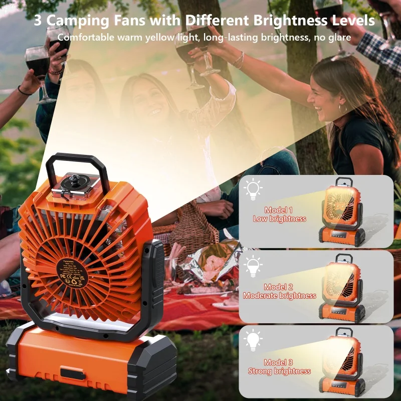 مروحة تخييم محمولة مع ضوء LED وخطاف - مروحة خارجية مناسبة لموقع بناء انقطاع التيار الكهربائي للسفر في السيارة #6