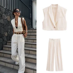 PB&ZA 2024 summer new women's fashion versatile flap V-neck sleeveless short vest straight casual trousers suit