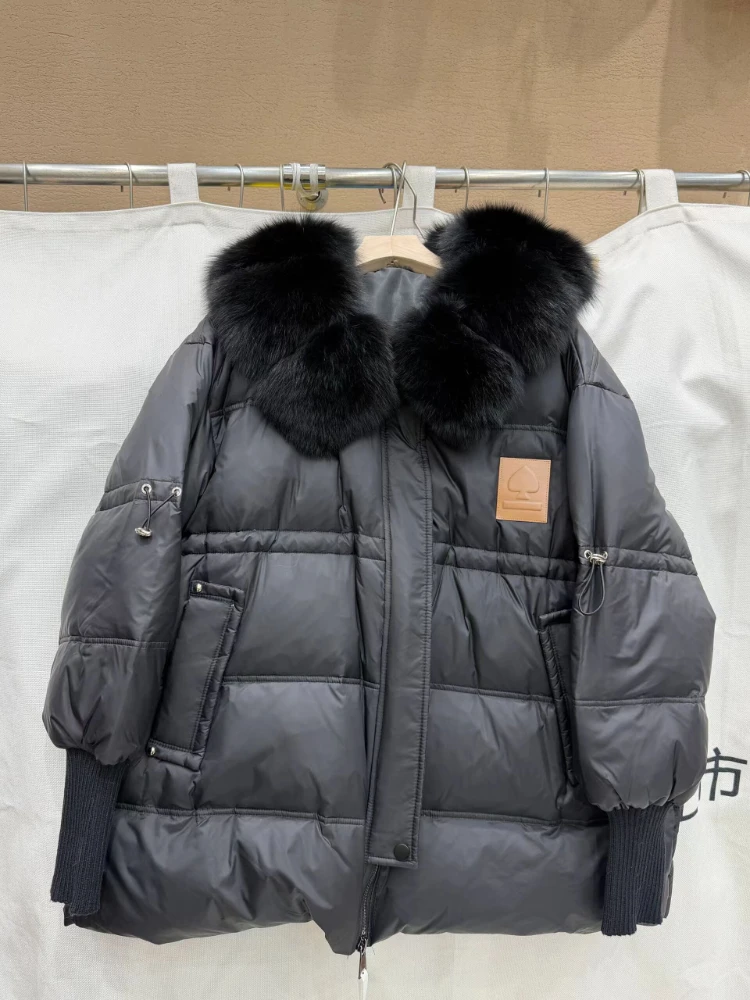 Big Fox Fur Collar Down Jacket 2025 Winter New Fashion Waist Mid-Length Parkas Women Thicken Warm White Duck Puffer Coat Outwear