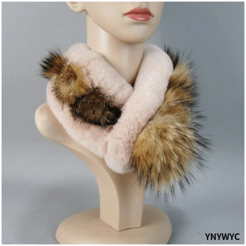 2025 New Short Style Women 100% Natural Rex Rabbit Fur Scarves Winter Warm Lady Knitted Real Raccoon Fur Rex Rabbit Fur Muffler