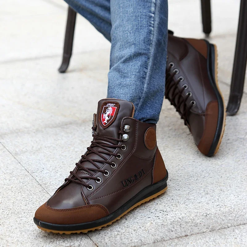 Men's Leather Boots PU Walking Shoes Lace-up Fashion Spring Autumn High Top Flat Cowboy Shoes