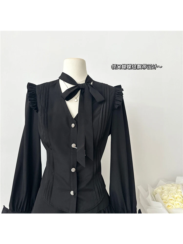 Women\'s Black Skirt Sets Suit Vintage Long Sleeve Shirt and A-Line Mini Skirts Y2k 90s Elegant Two Piece Suit 2000s Clothes 2024