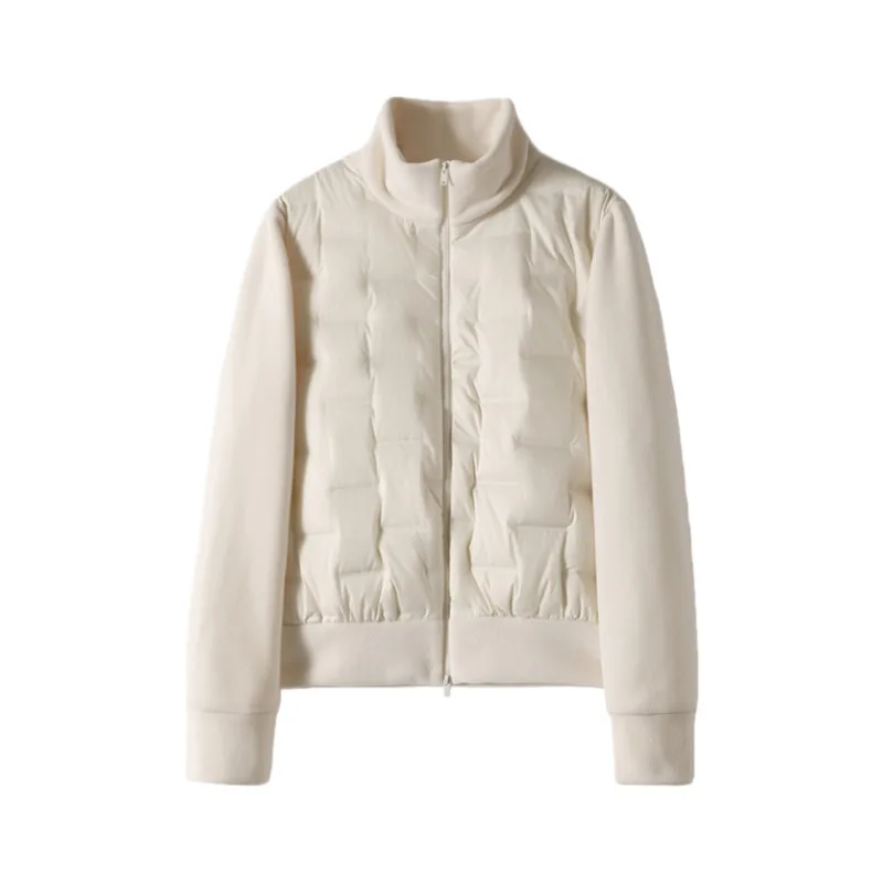 เสื้อแจ็คเก็ตขนเป็ดสั้นสำหรับผู้หญิง ผ้าฟลีซ คอตั้ง แต่งผ้าถักแบบแพทช์เวิร์ค ซิปหน้า อุ่น น้ำหนักเบา สไตล์ลำลอง