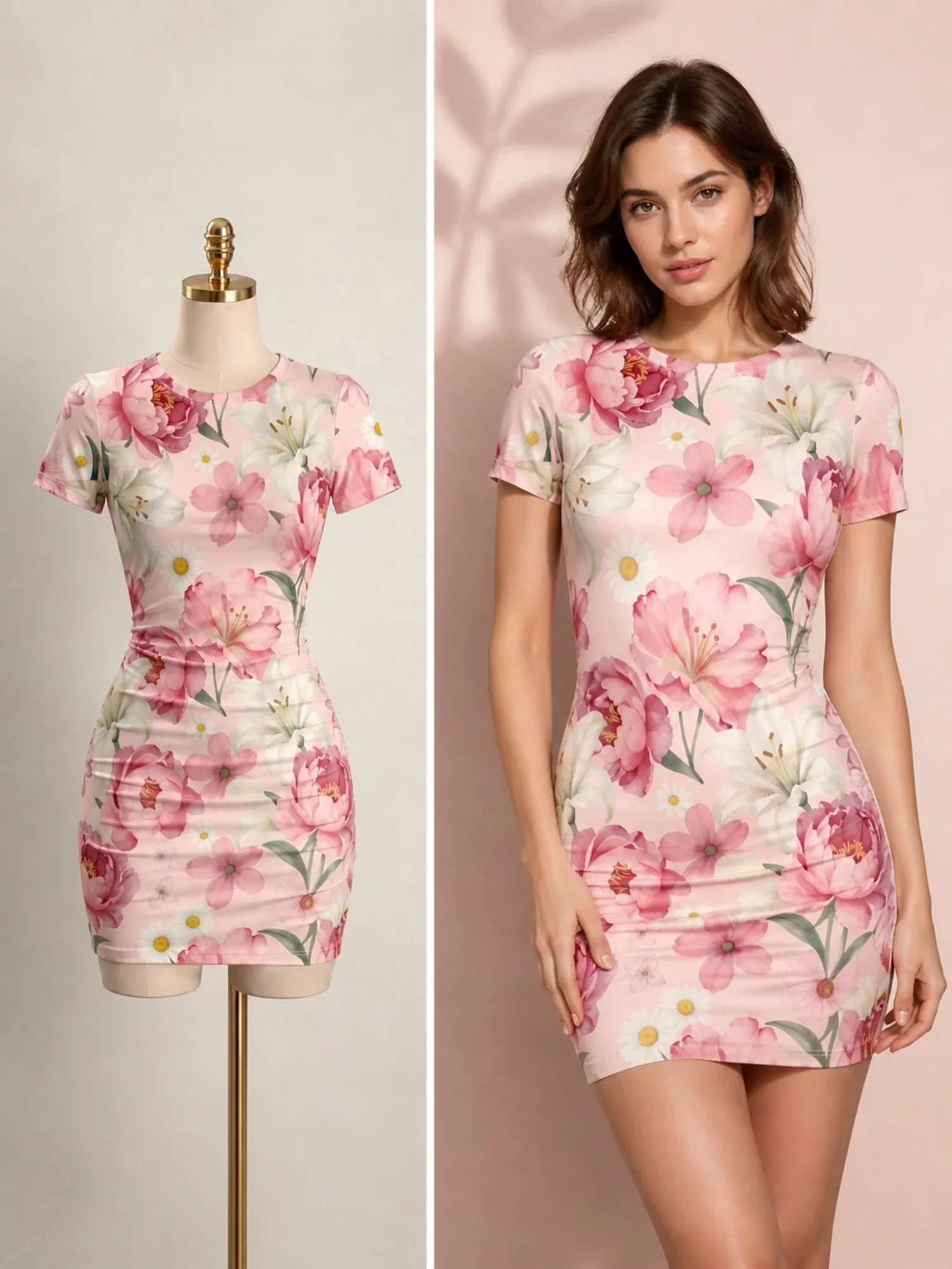 Vintage Elegant Women Dress Womens Short Sleeve Bodycon Mini Dress Sexy Slim Crew Neck 3D Floral Print Short Dress Vestidos