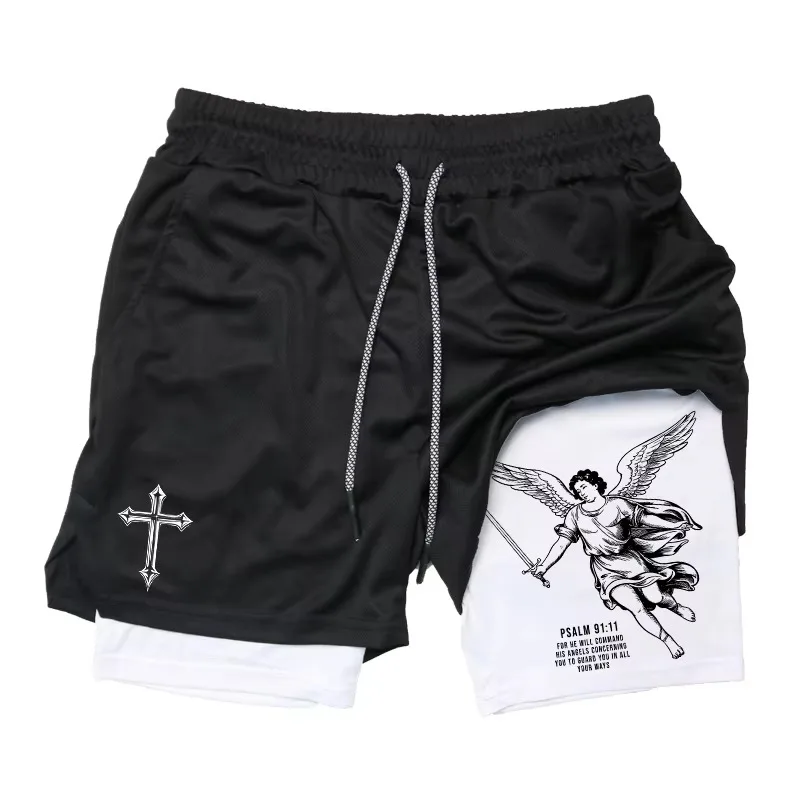 Men's Graphic2-in-1 Workout Running Shorts Gym Athletic Quick Dry Shorts with Phone Pocket &Towel Loop Outdoor Casual Activewear