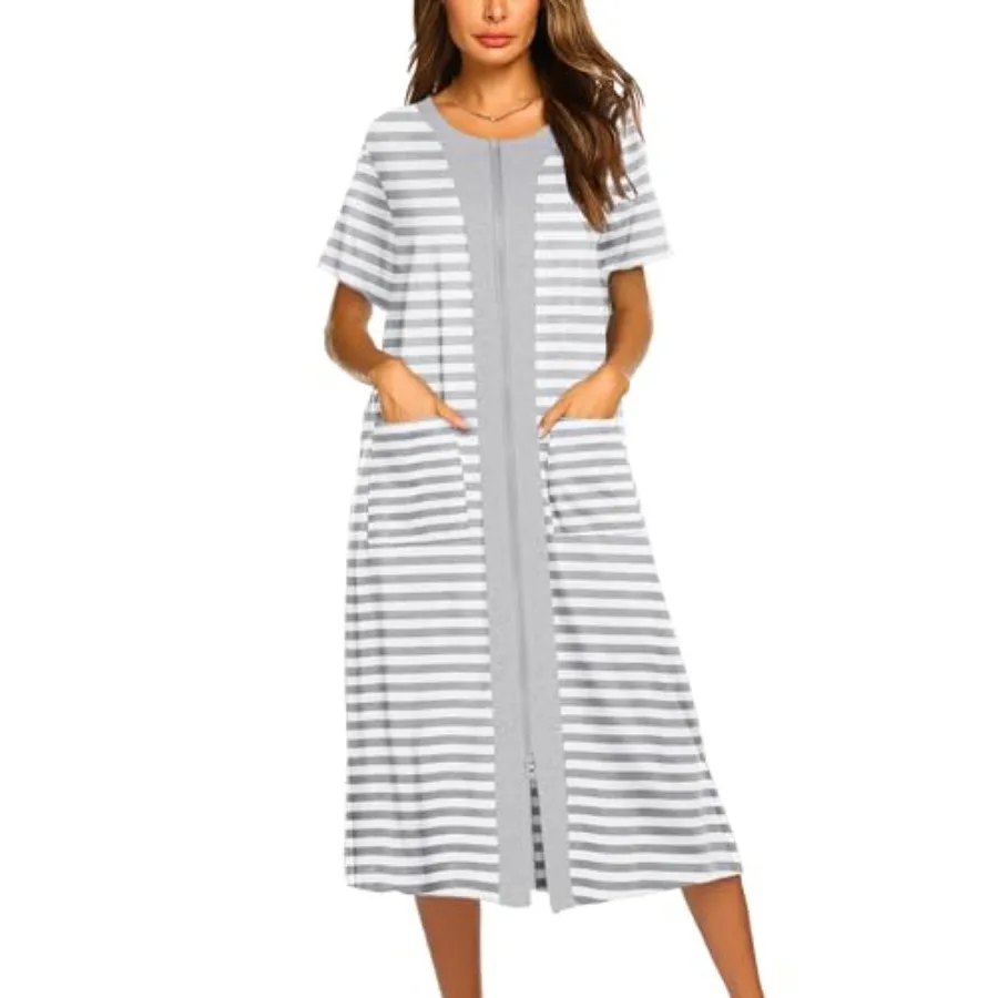 

Robes For Women Zipper Front Bathrobe Short Sleeve House Coat Long Nightgown With Pockets Soft Loungewear