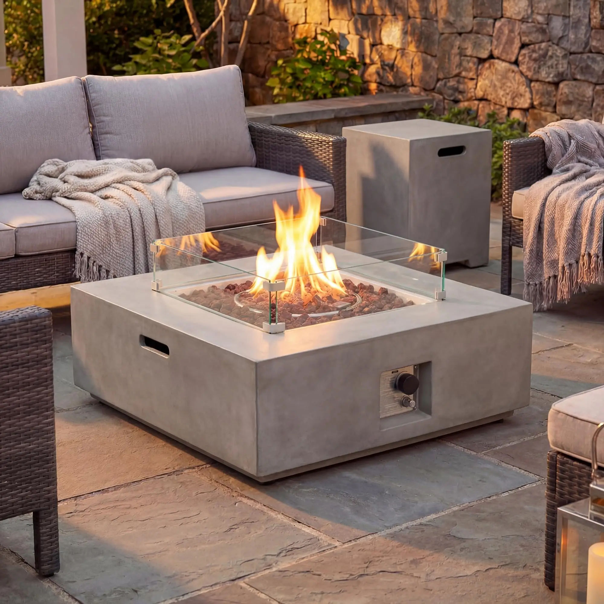 35-inch Square Outdoor Sandstone Fire Pit w Wind Guard and Side Table, Certified, 50,000 BTU Stainless Steel Burner