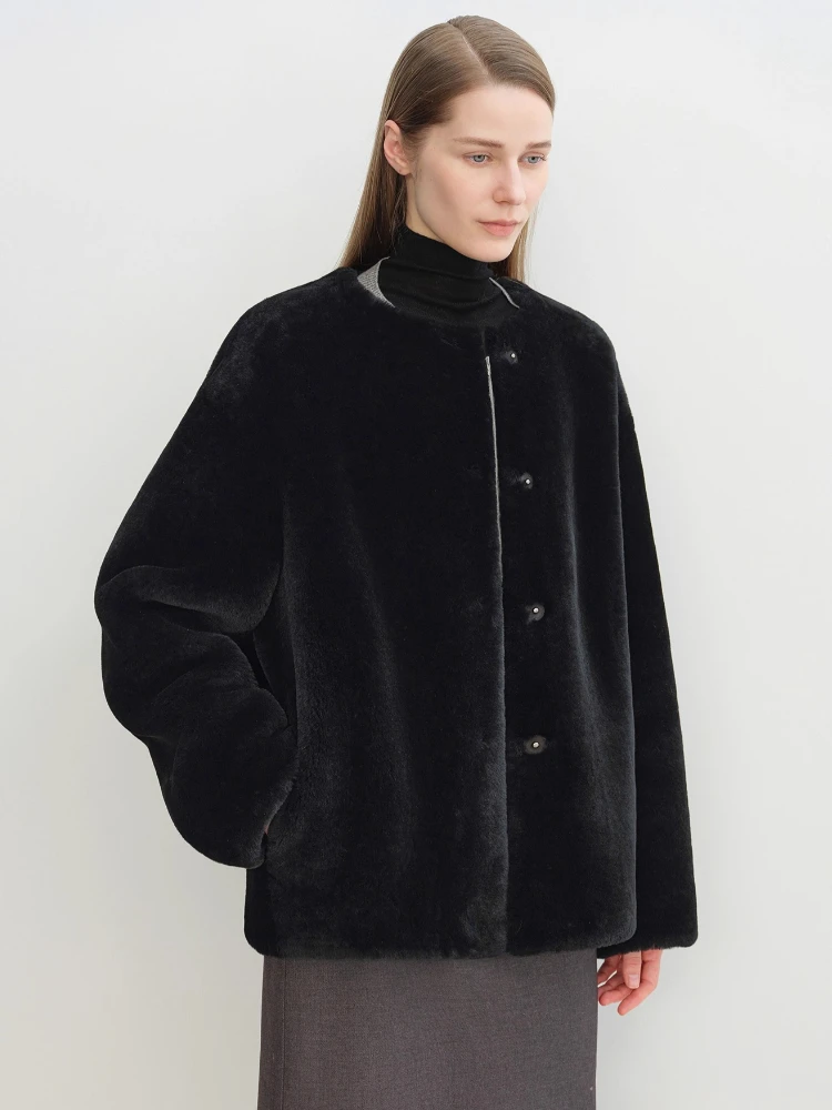 الراقية الفاخرة ميرينو الأغنام الفراء امبسوول سترة للنساء بسيطة الكلاسيكية س الرقبة الشتاء جلد طبيعي معطف الفراء الحقيقي شيرلينغ #6