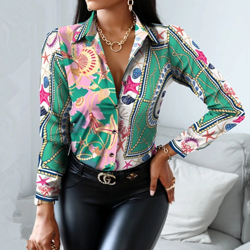 2023 Fashion New Women Ladies Casual Boutique European and American Vintage Printed Color Matching Long Sleeve Blouses Shirts