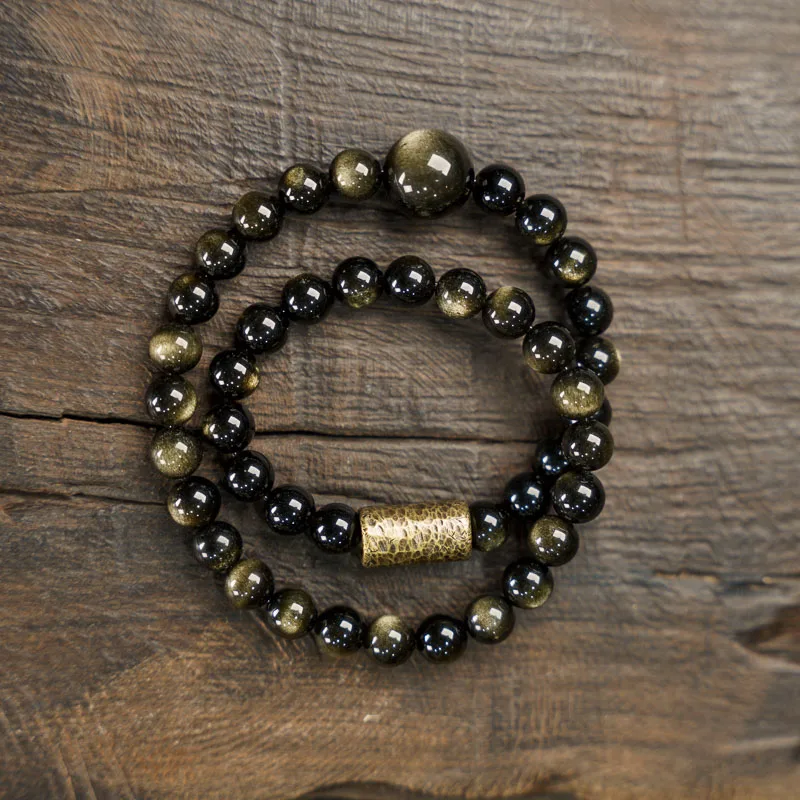 Handmade Copper Beads Natrual Golden Obsidian Stone Bracelet Metal Two Row Beaded Small Beads Romantic Unisex Black Jewelry