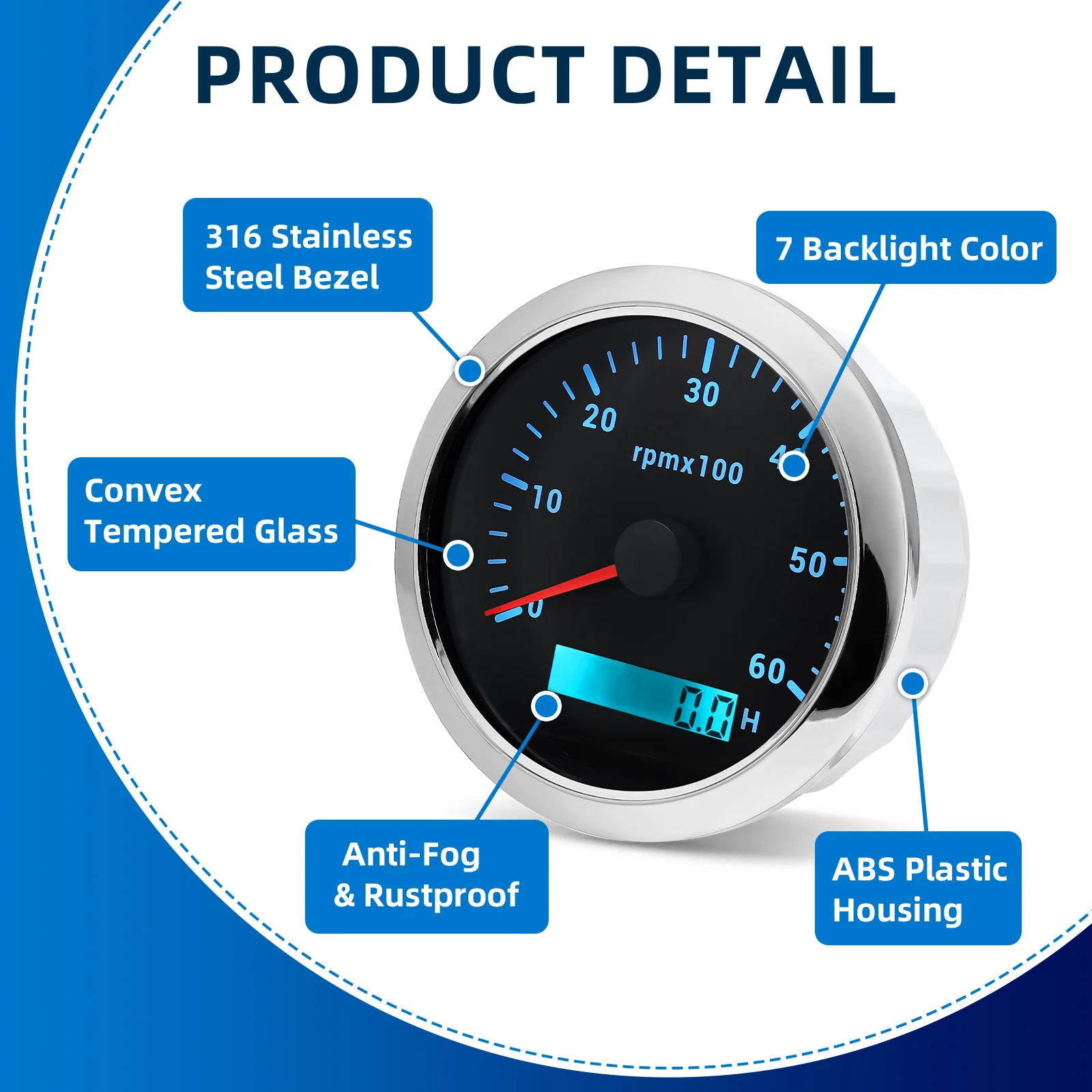 85MM Tachometer with LCD Hour Meter For Marine Boat Car RPM Gauge 8000rpm 6000rpm RPM Meter Tach Gauge 7 Colors LED Backlight