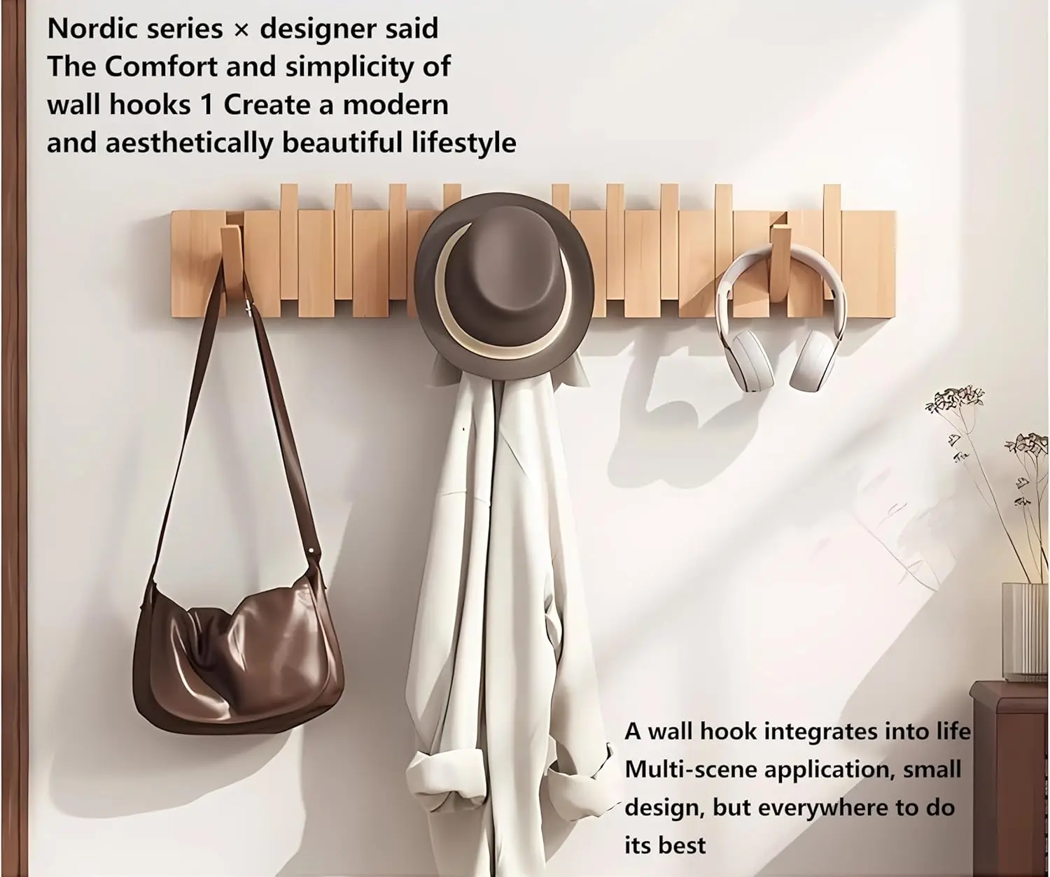 ngxia【Beech-8 Hooks Wall Mounted Coat Rackhooks Piano Key Hangers Natural Solid Wood Hangers Non-Woven Fabric Clothes