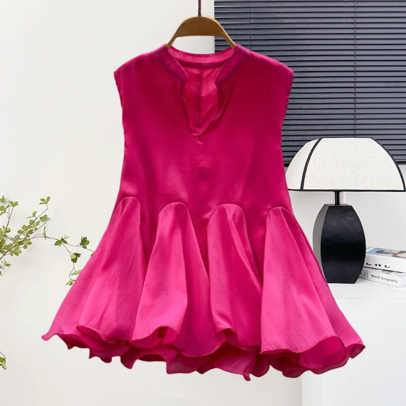 

2025,New,Summer,European,Clothes,Ruffles,Blouse,Women,Chic,Sexy,O-Neck,Vintage,Sleeveless,Pullover,Extra-large swing,Tops,56032