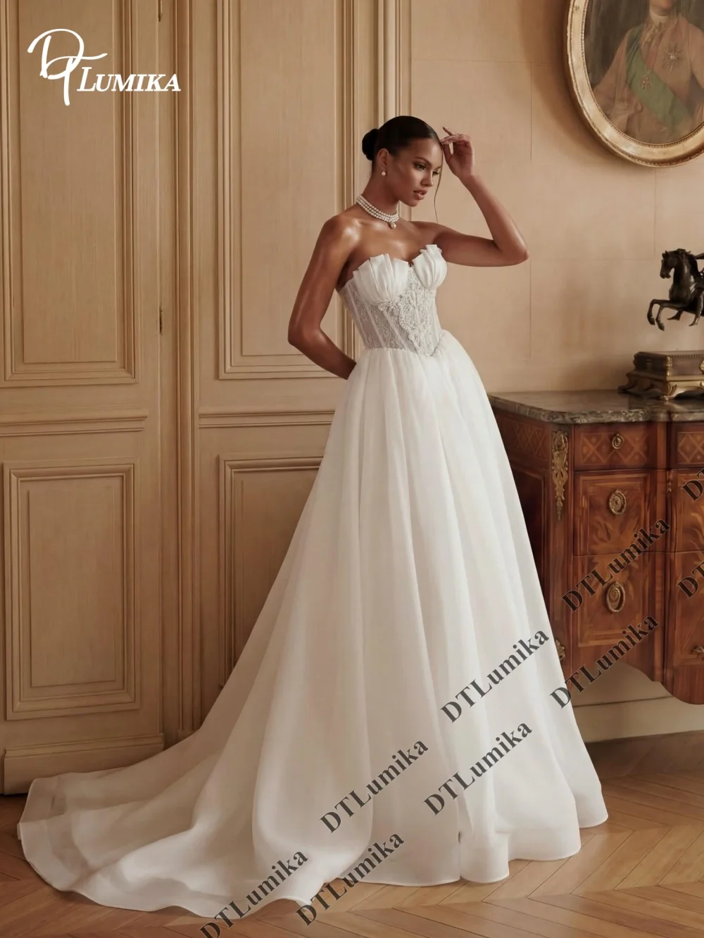 Romantic 3D Floral Wedding Dresses Strapless Lace Beaded Bridal Gown with Petal Details Elegant A-Line Wedding Dress for Women