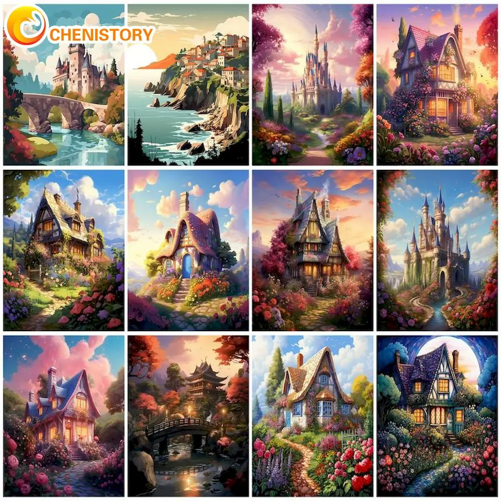 

CHENISTORY House Oil Painting By Numbers On Canvas DIY Frame Paint By Number Handpainted Coloring By Numbers For Home Decor