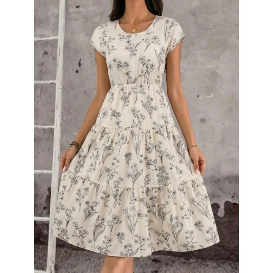 

【New style】2026 spring and summer new style printed short-sleeved dress women's casual vacation style medium and long A-line sk