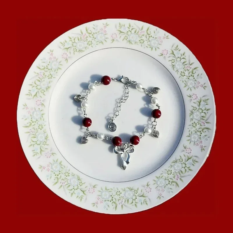 Dark Red Lana Del Rey Honeymoon Bracelet heart Beaded y2k