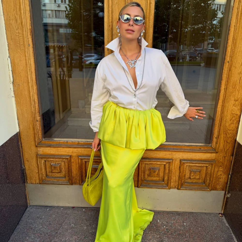 Fashion Satin Neon Yellow Fishtail Skirt Women High Waist Peplum Flounce Maxi Long Skirts Elegant Bodycon Ruched Slim Party Wear