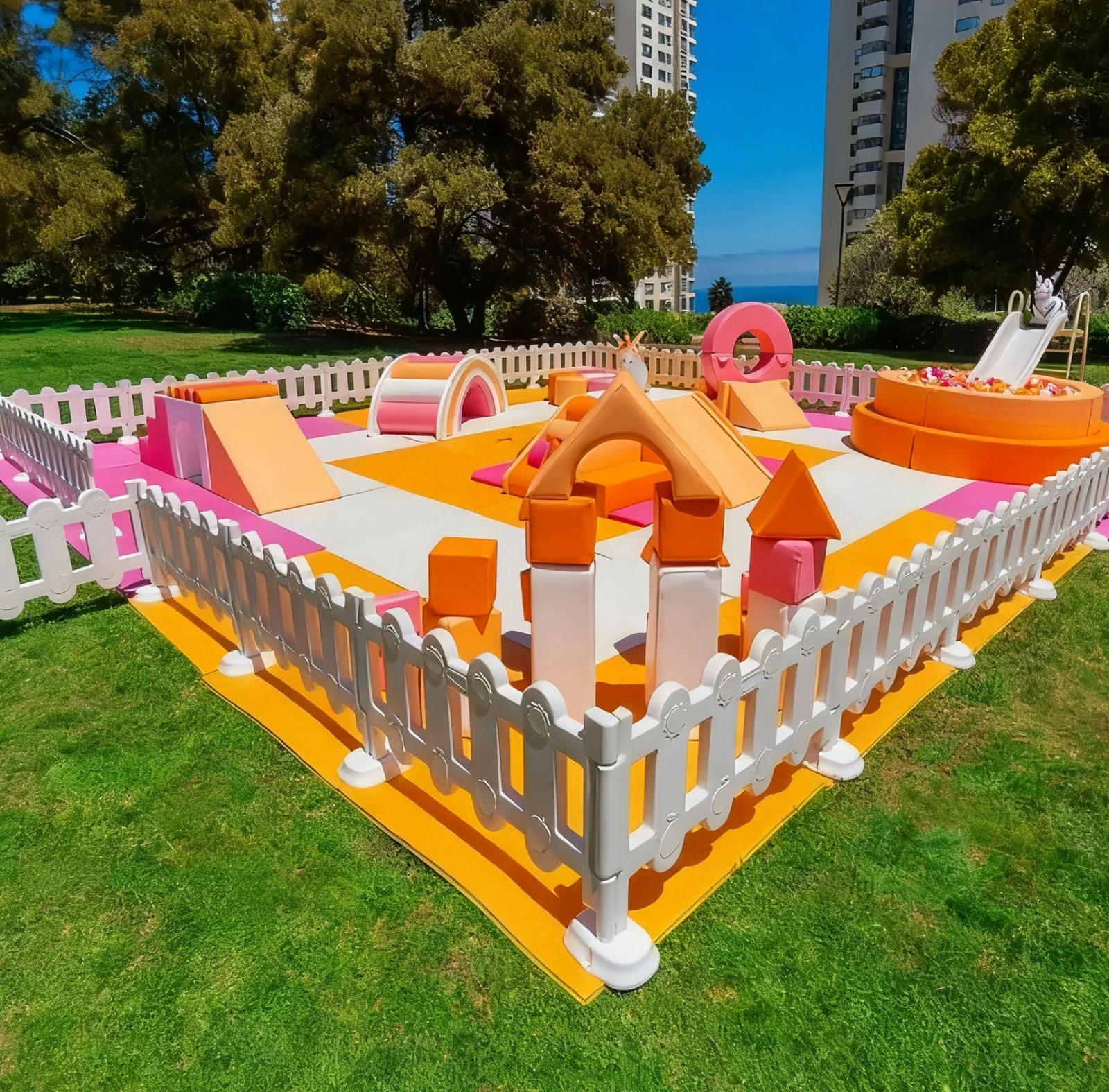 Custom Outdoor Indoor Themed Candy Orange Pink Mobile Soft Play Primary Color Equipment Stairs and Slide Playground Area for Kid