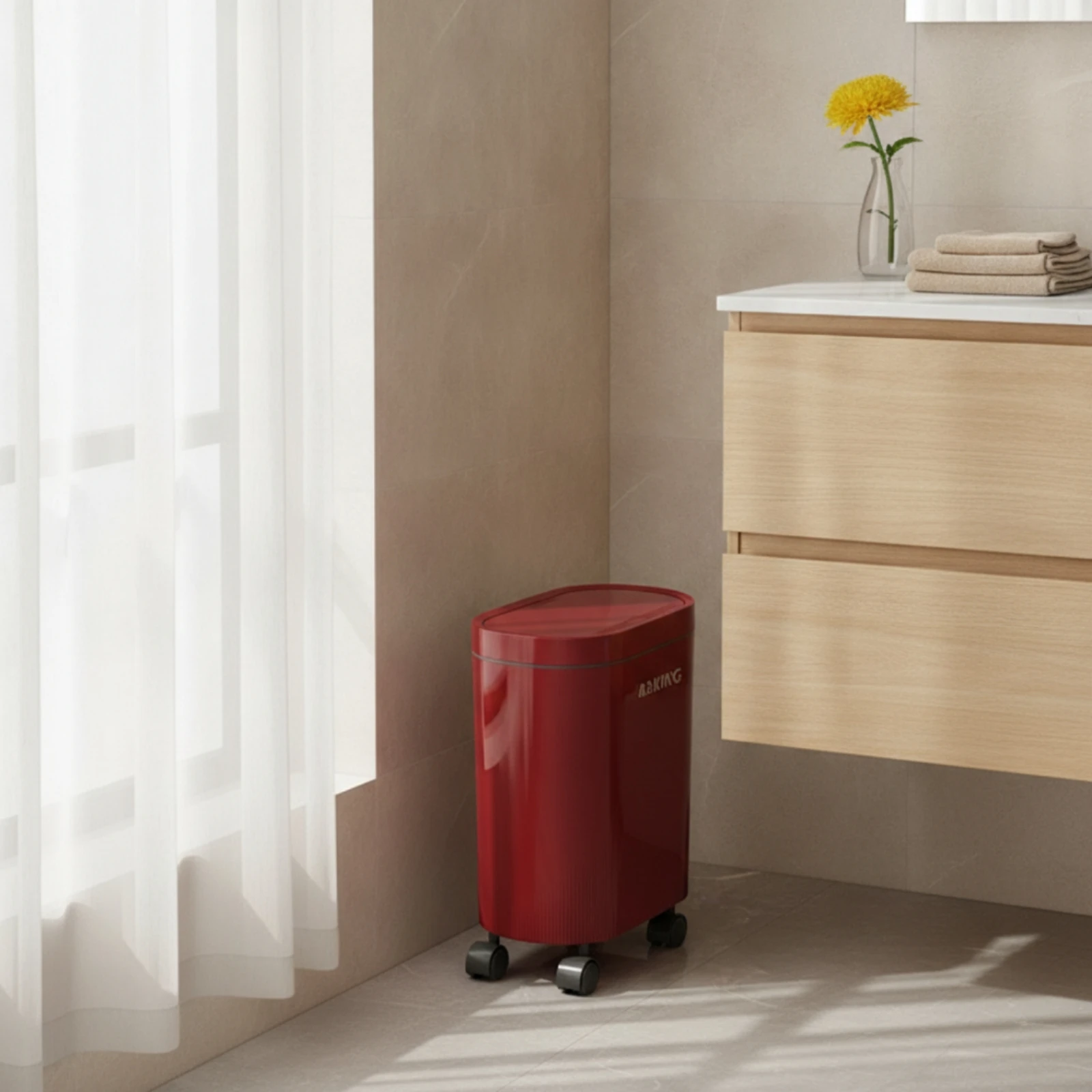 Small Bathroom Trash Can with Lid Water-Resistant Trash Can with Press Top Lid Slim Garbage Bin Modern Narrow Waste Bin