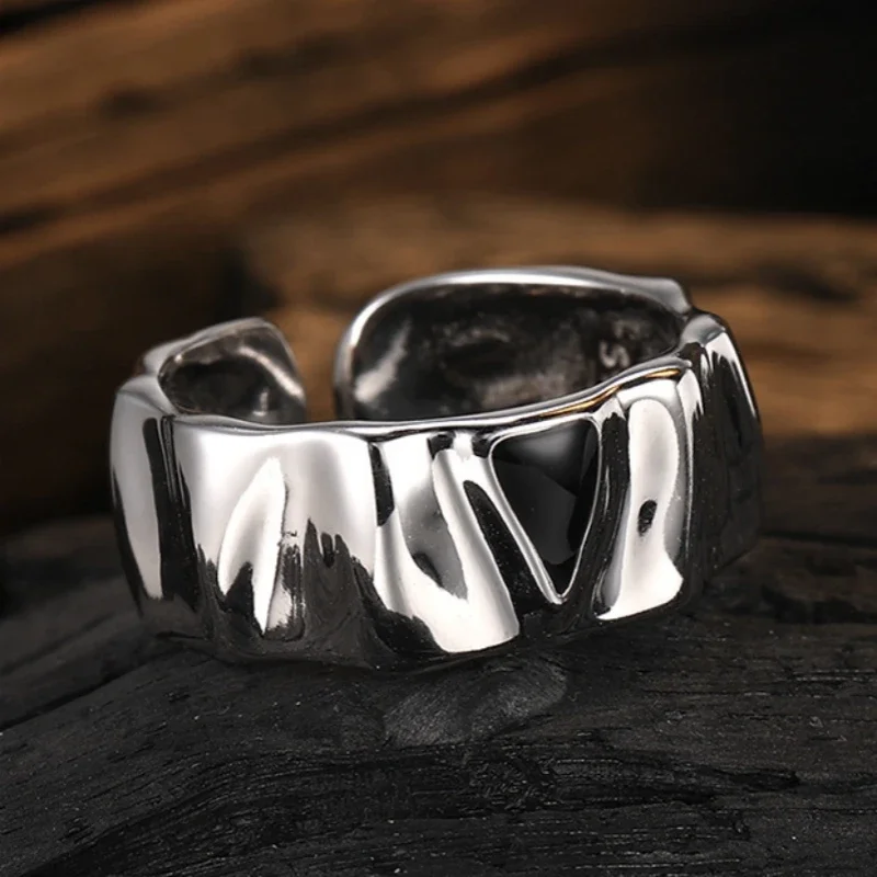 S925 Sterling Silver Rings For Women Men New Fashion Irregular Triangle Pattern Enamel Punk Simple Jewelry Christmas Gift
