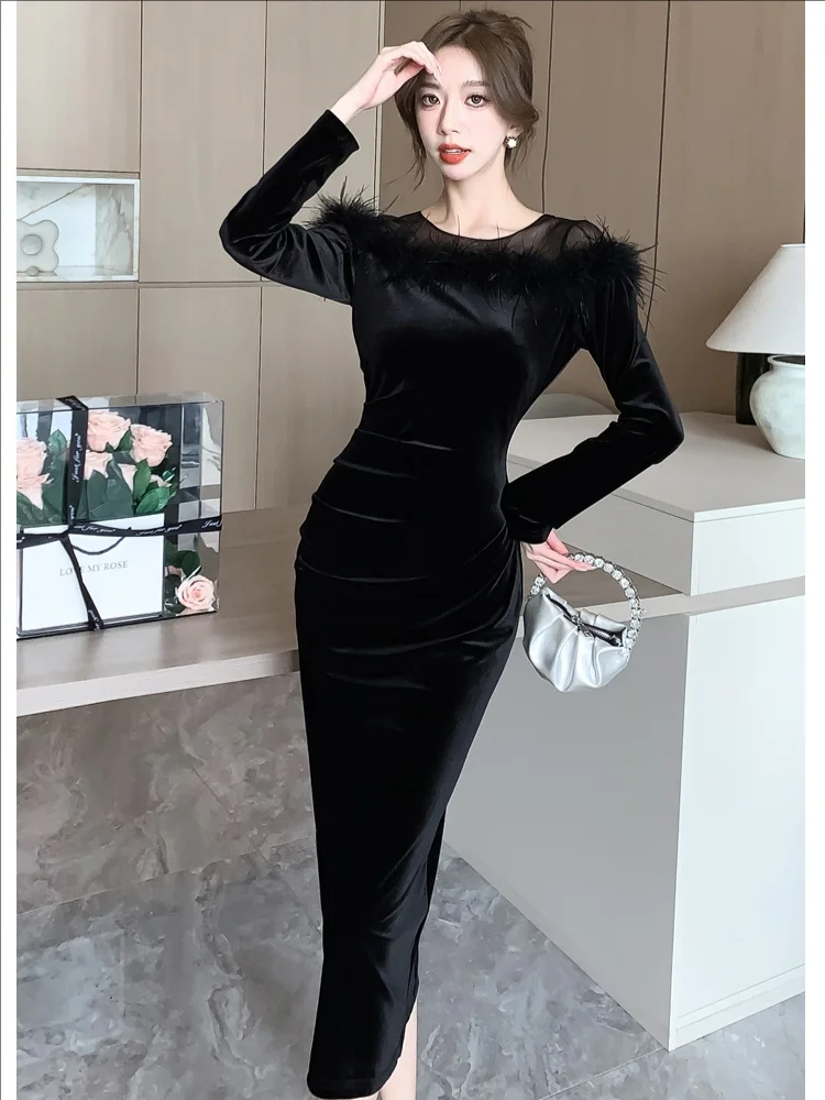 Luxury Feather Velvet Dress for Women Splicing Velour Long Sleeved Sheath Black Dresses 2024 Autumn Winter Bodycon Sexy Dress