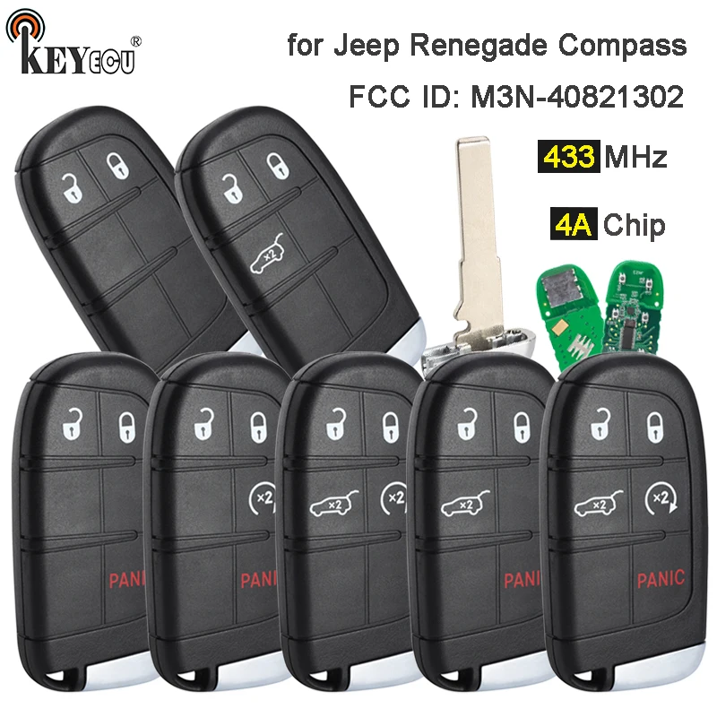 

KEYECU 433MHz 4A Chip M3N-40821302 68250335AB Keyless Smart Remote Key Fob for Jeep Renegade Compass C-CUV Trailhawk 2015-2022