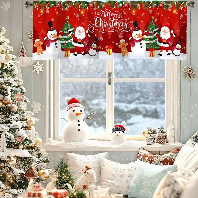VIKAMA Christmas Short Kitchen Curtain Santa Snowman Gingerbread Printed Rod Pocket Window Valance Home Decor