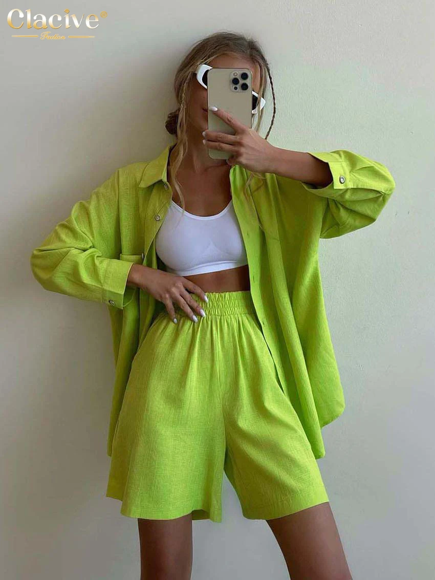 Clacive Fashion Green Office Women\'S Suit Casual Loose High Waist Shorts Set Female Elegant Long Sleeve Blouse Two Piece Set