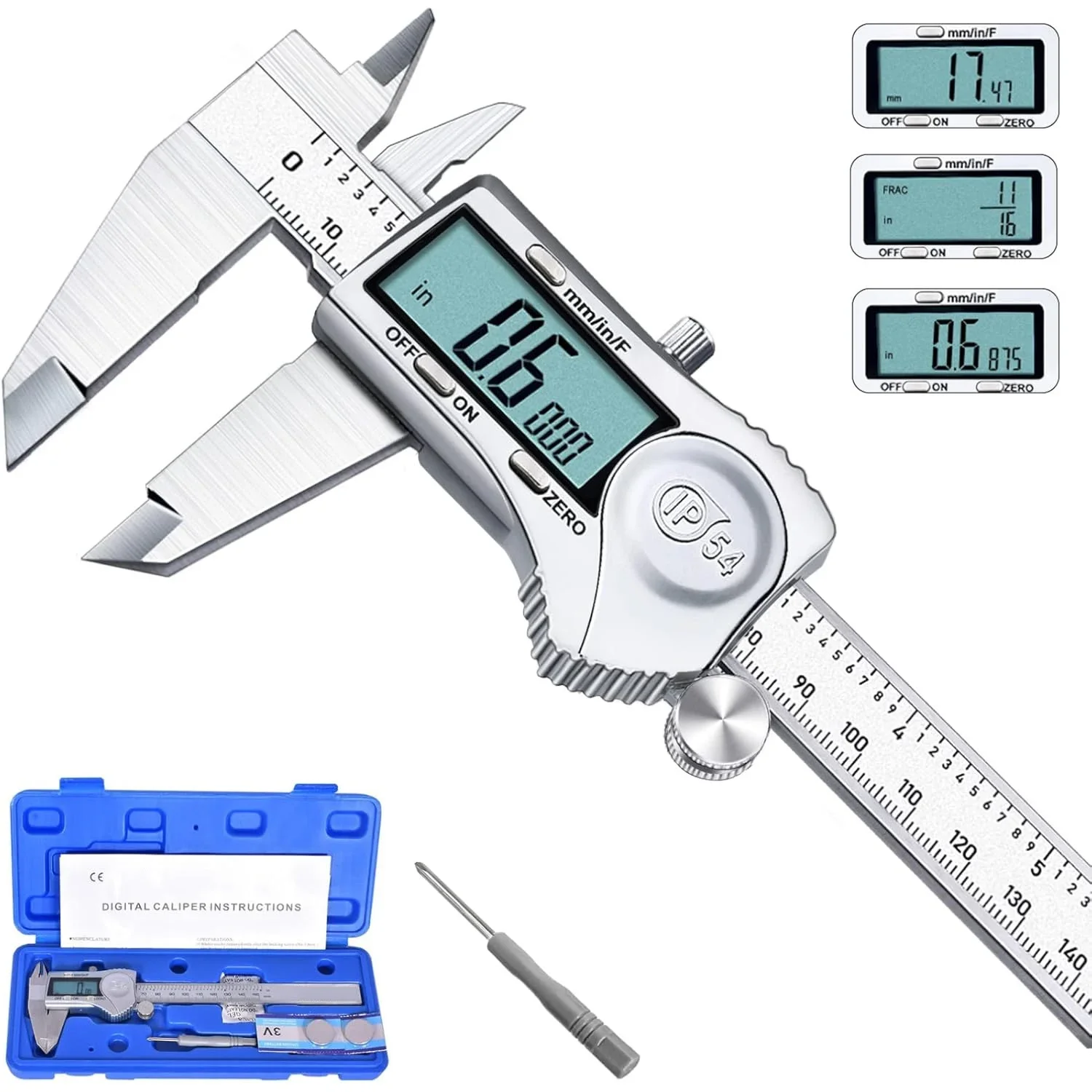 

High Precision IP54 Waterproof Digital Caliper, Stainless Steel Caliper Measuring Tool, Inch-Metric Conversion, 6-Inch Ruler