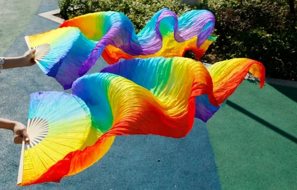 高販売手作り女性品質シルクベリーダンスファンダンス 100% 本物のシルクベール 1 ペア虹色 (2 個)