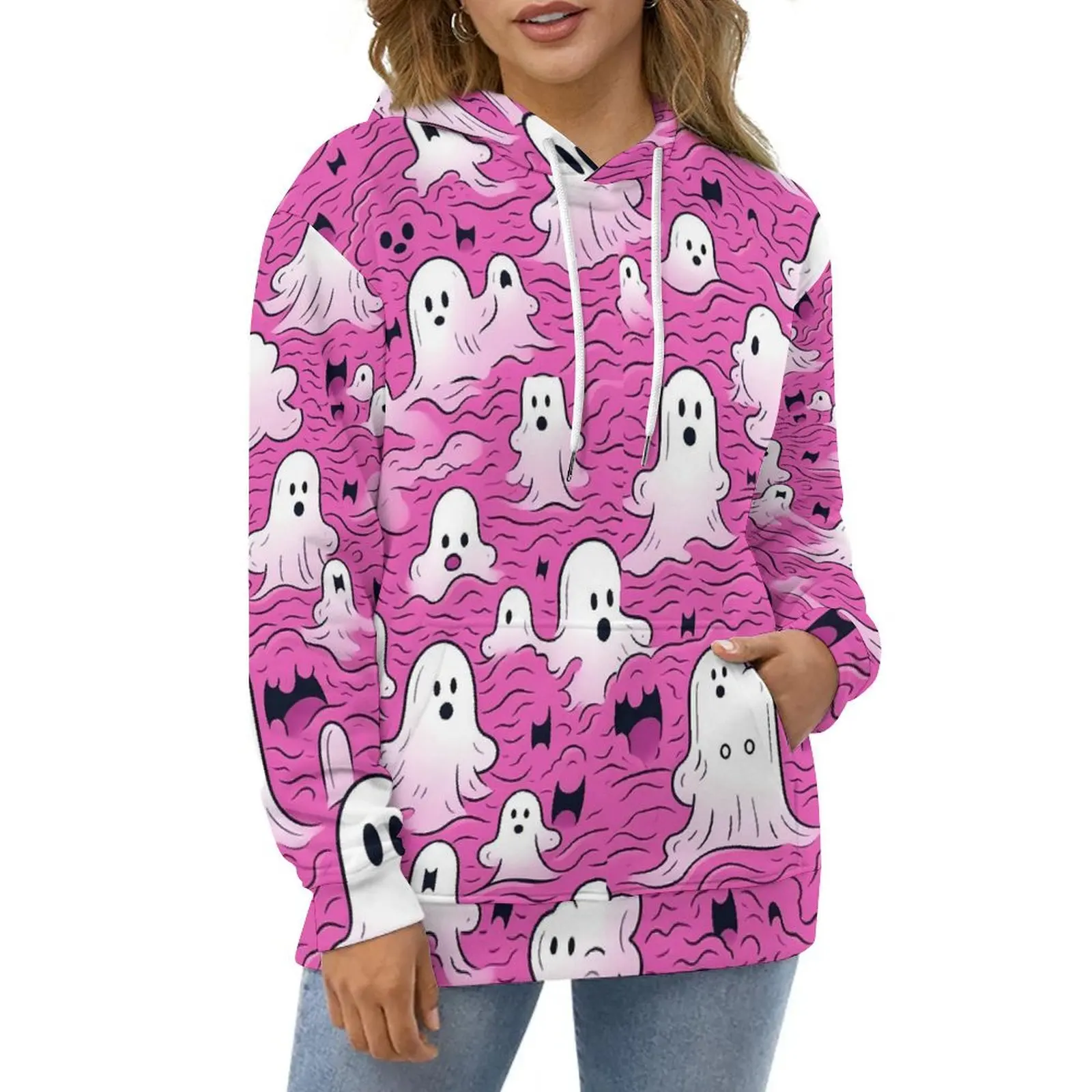 

Pink Ghost Hoodies Funny Halloween Print Korean Fashion Casual Pullover Hoodie Long Sleeve Y2k Custom Sweatshirts 4XL 5XL 6XL