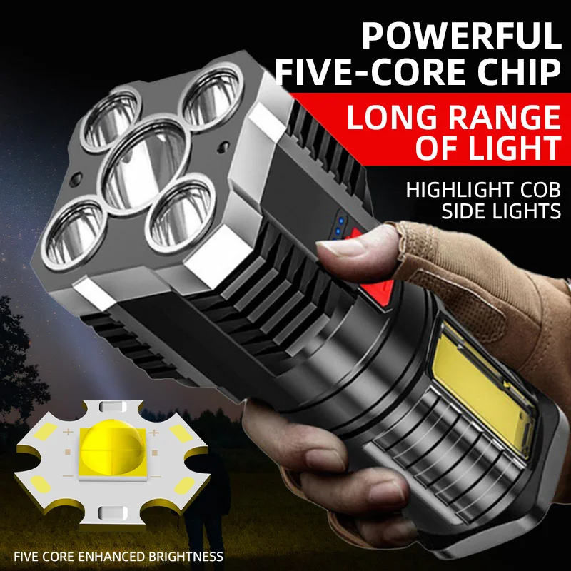 5LED High Power Led Flashlights Rechargeable Camping Spotlight with Side Light 3 Lighting Modes for Camping Adventure Outdoor