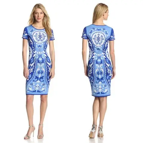 

Faionable Blue And White Porcelain Print Knitted ort Sve Elastic Dr Women's Ele Dr round Ne Summer Dr