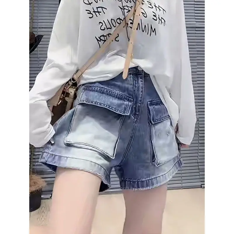Elastic Waist Denim Shorts for Women Summer A-line Wide-leg Overalls Versatile Fashionable Hot Pants