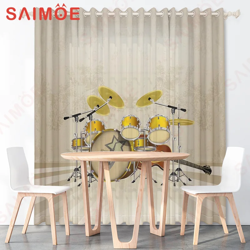 Vintage Literary Music Classroom Custom Curtain Notes Stave Drum Kit Mic Office Background Thin Polyester Fabric Trim with Hooks